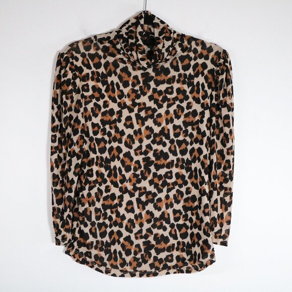 Free People Gather Mesh Leopard Turtleneck Top Womens Large Brown Puff Sleeve - Picture 1 of 6